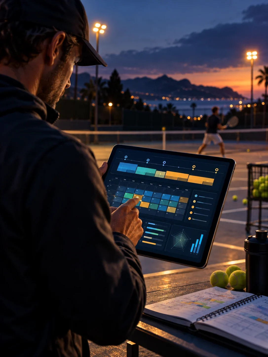 Un entraîneur prépare une séance sur une tablette devant les courts
