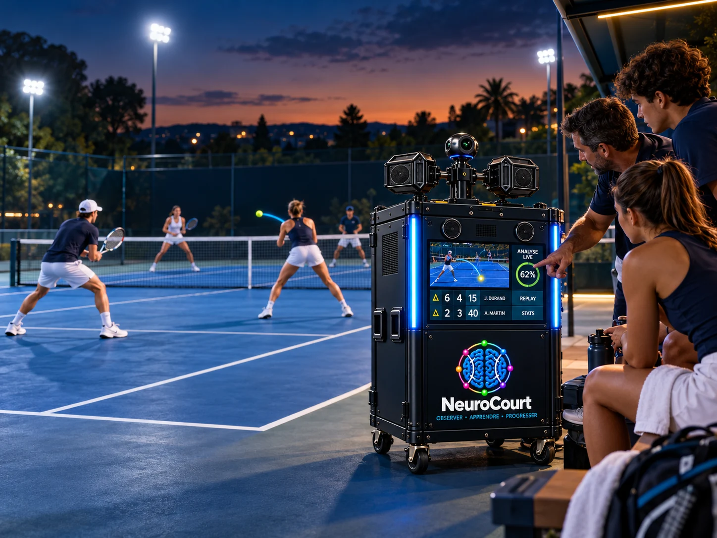 Quatre joueurs de tennis disputent un échange sur un court bleu, pendant qu'un entraîneur et deux joueurs observent près de la NeuroBox
