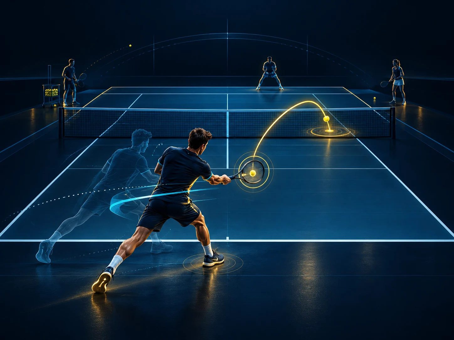 Un joueur de tennis rejoue le geste après une observation du coach : positions comparées et trajectoire visualisée.