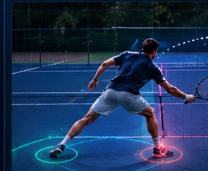 Illustration de tennis et de lecture d'une trajectoire, extraite du visuel de conception NeuroCourt