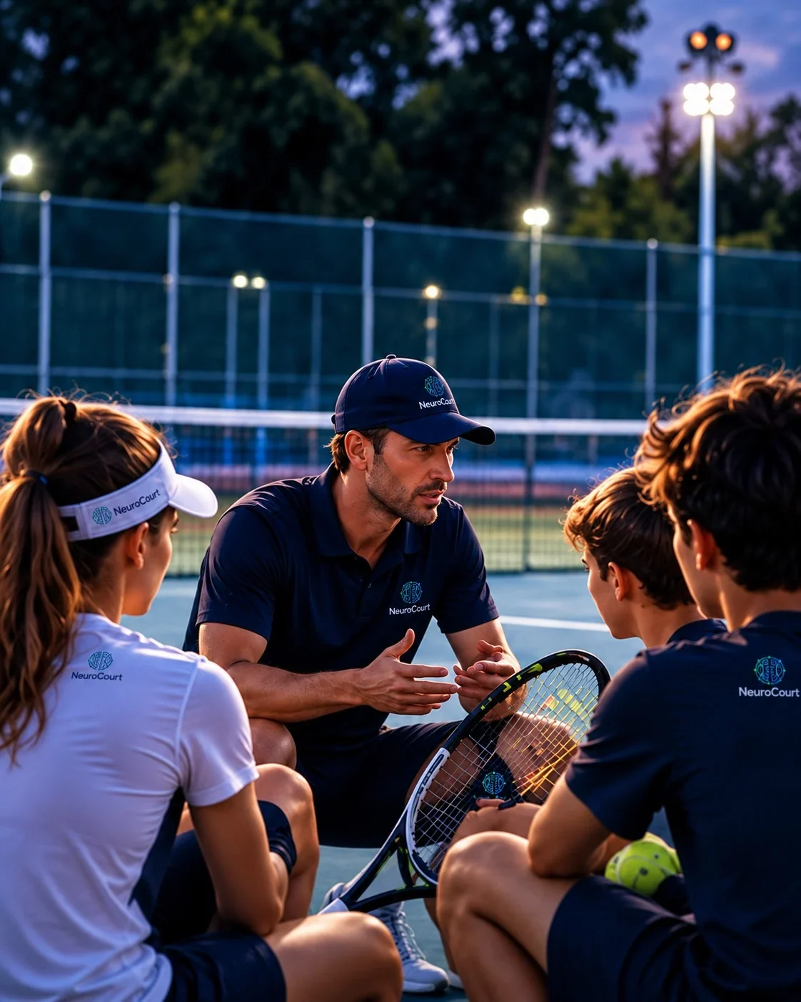 Un coach de tennis échange avec un groupe de jeunes joueurs
