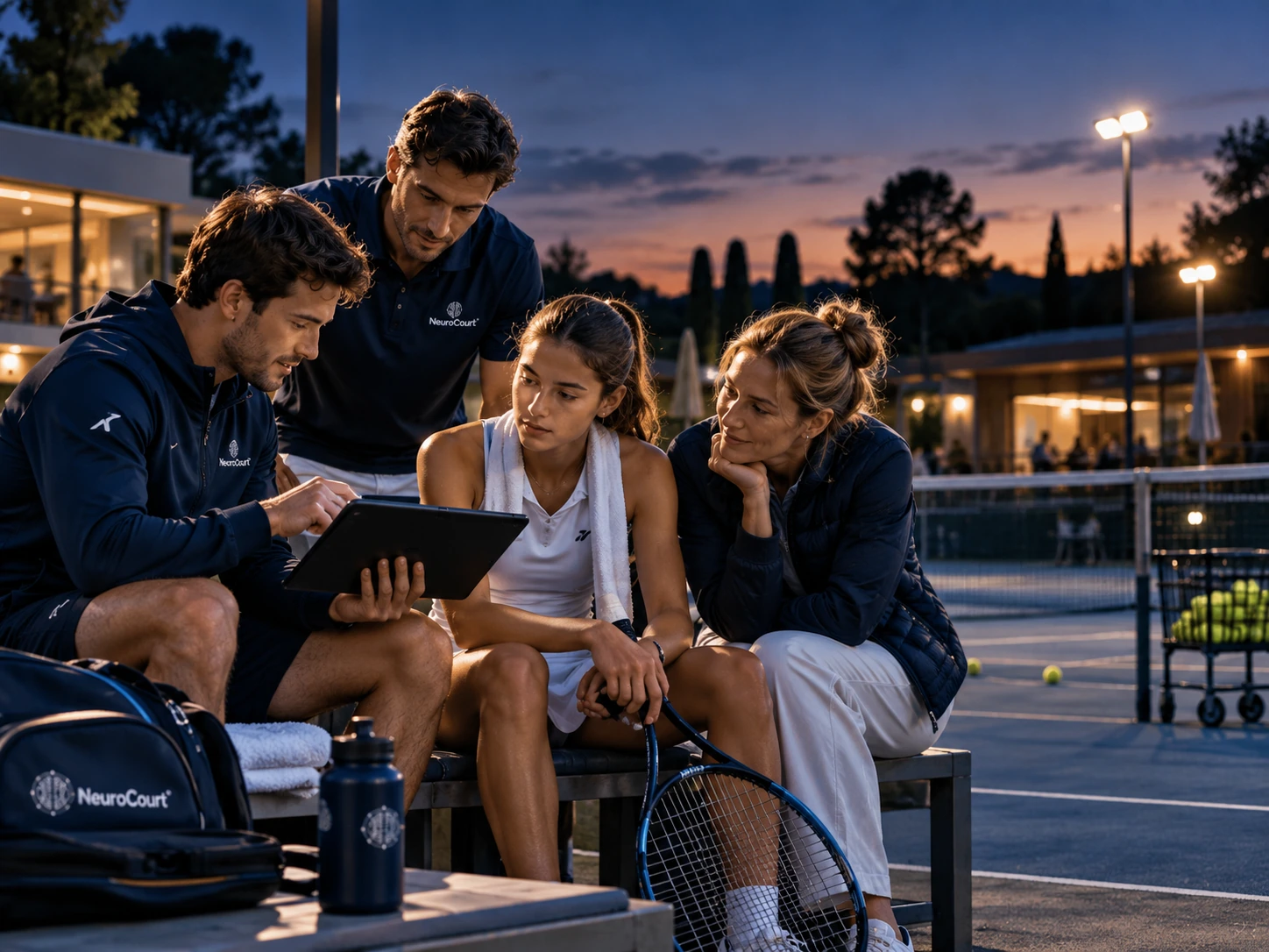 Évolution d’une joueuse de tennis, de l’enfance à l’âge adulte, accompagnée par trois entraîneurs différents portant le logo NeuroCourt sur un court premium de nuit