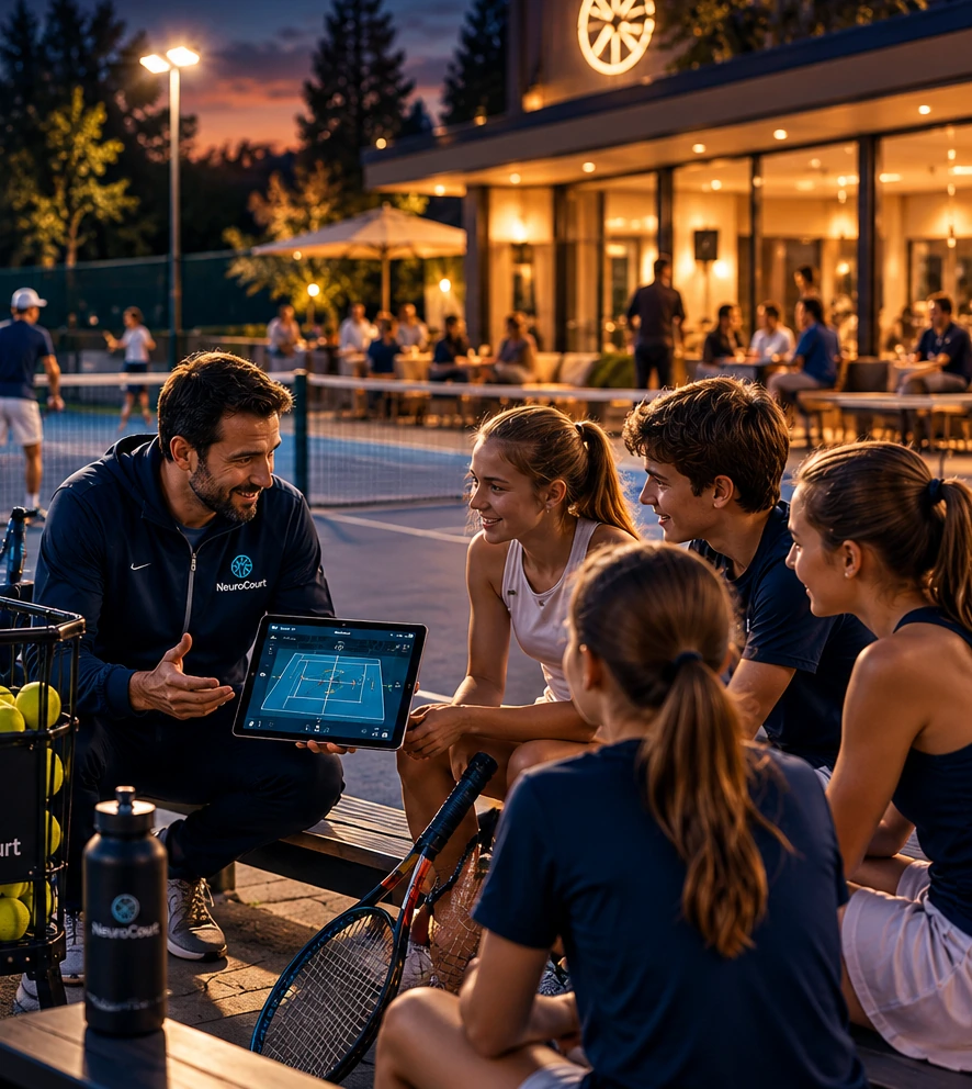 Vue de la vie du club de tennis : des joueurs échangent après une séance, avec les terrains et le club-house en arrière-plan