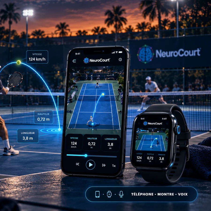 Visuel validé du terrain NeuroCourt avec joueur en action, application mobile et montre connectée