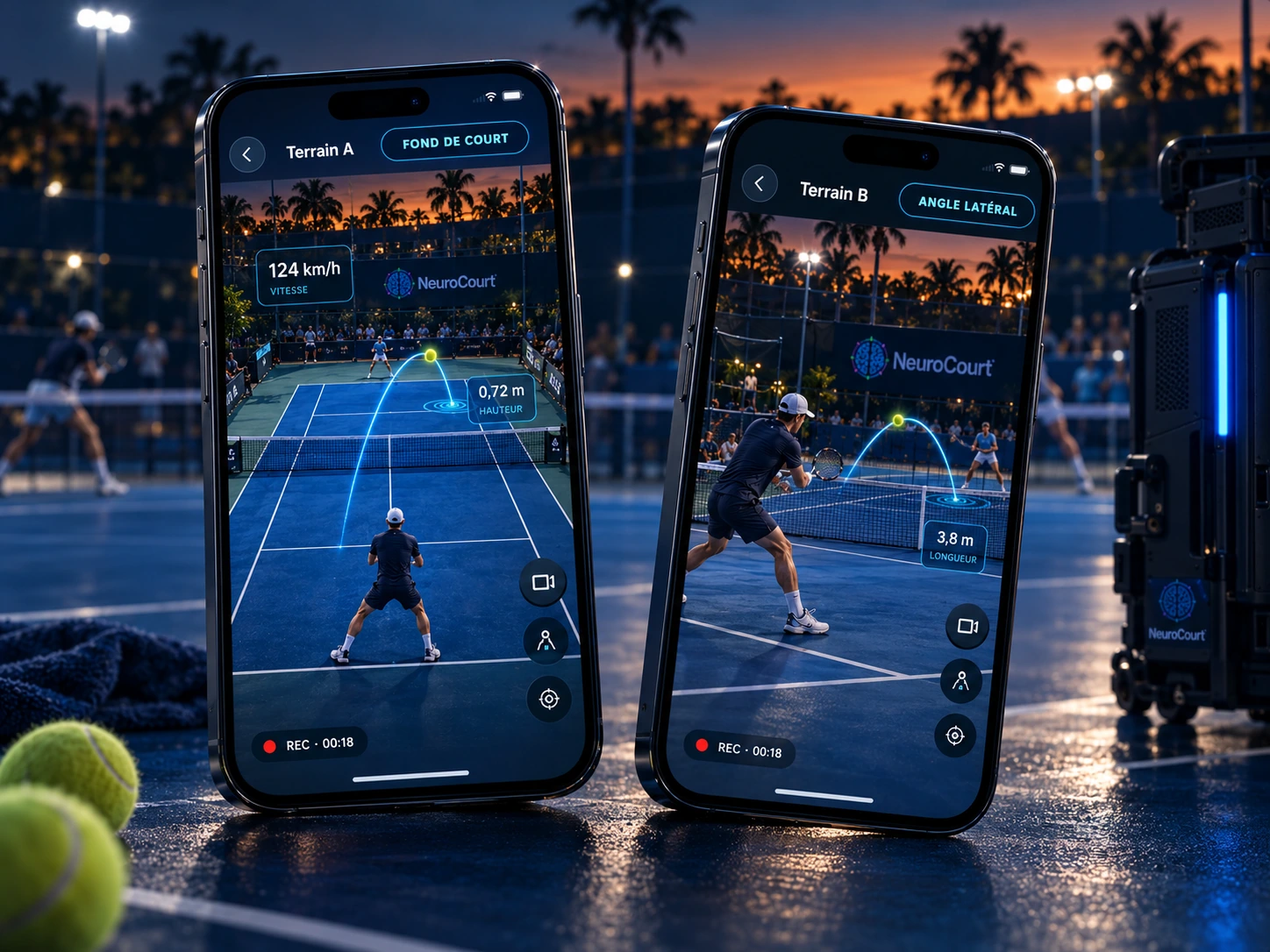 Deux téléphones réalistes NeuroCourt filmant la même séquence de tennis : Terrain A vu du fond de court à gauche, Terrain B vu de côté à droite.