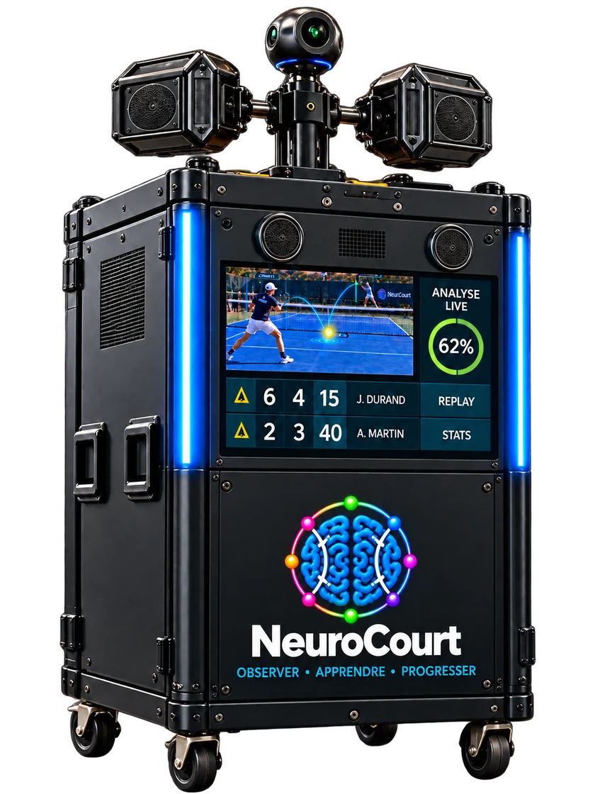 Visuel officiel de la NeuroBox NeuroCourt, station noire sur roulettes avec écran, caméras et emblème en façade