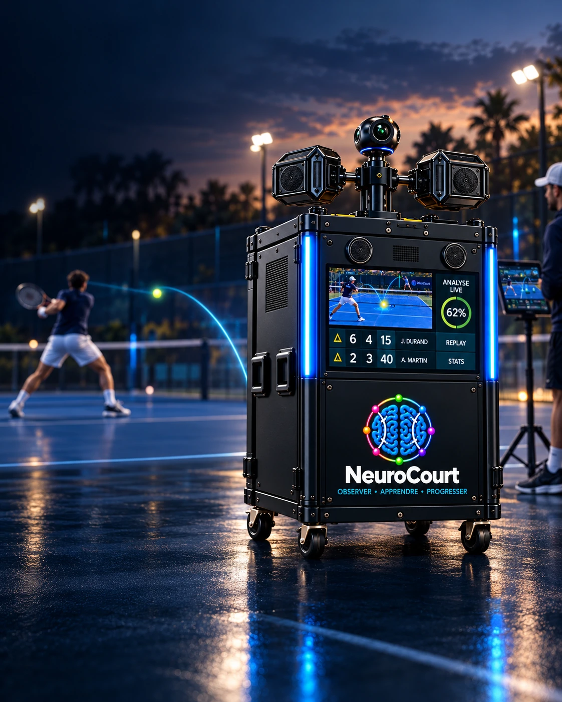 La NeuroBox NeuroCourt sur un véritable court de tennis au coucher du soleil, avec un joueur en action et un entraîneur consultant sa tablette.